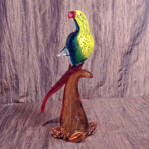 置物 Murano , antique Vintage Murano Art Glass Green and Yellow Parrot Sculpture 13 1/4