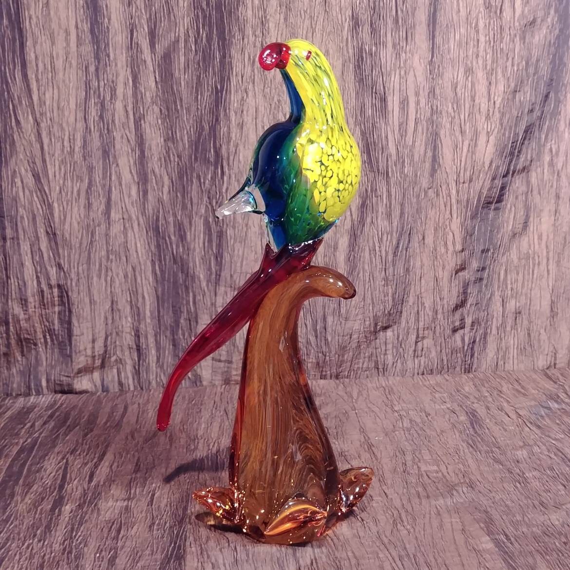 Vintage Murano Art Glass Green and Yellow Parrot Sculpture 13 1/4