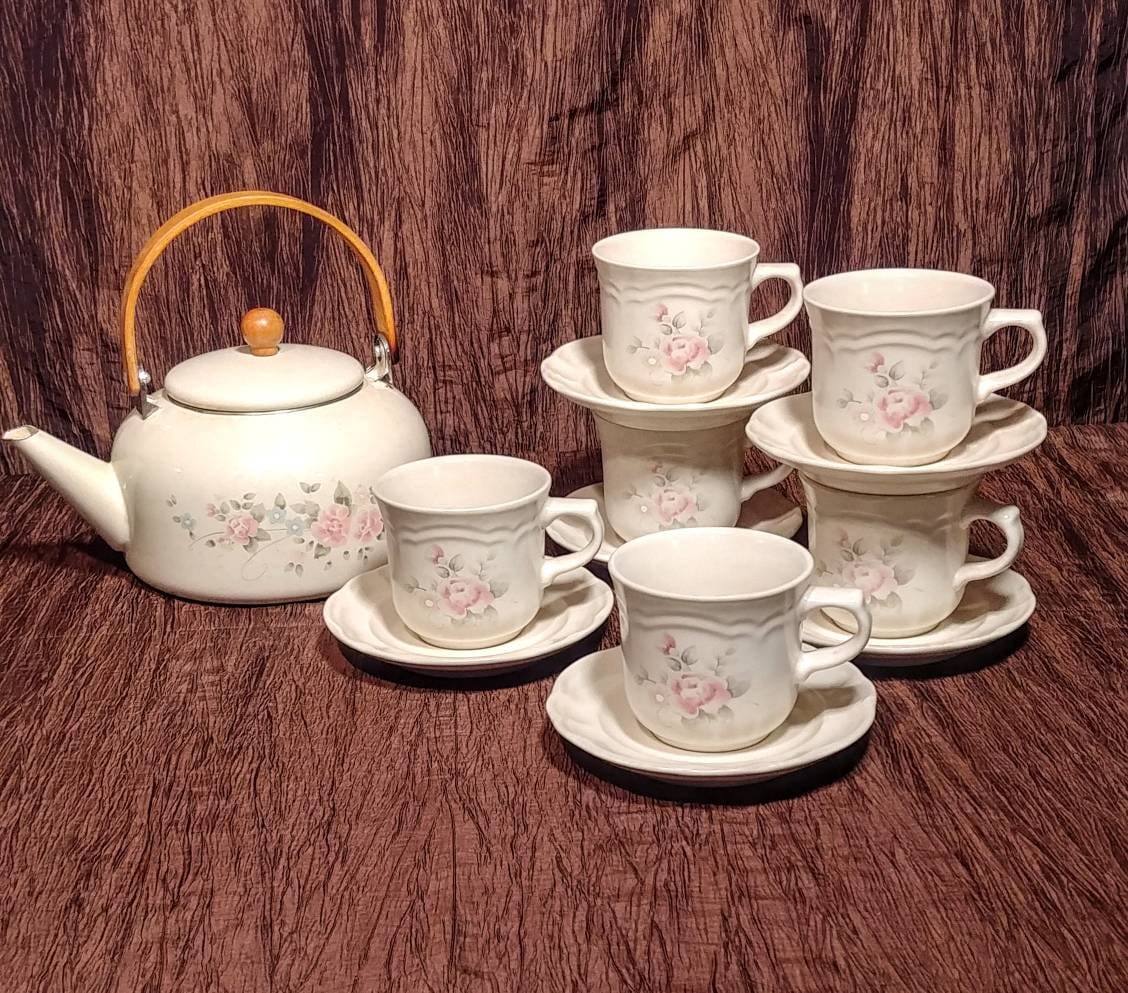 Pfaltzgraff Tea Rose Set of 6 Teacups 6 Saucers and Metal Tea Etsy