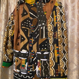 Mudcloth Men’s Jacket, African Kente and Mixed Mudcloth Fabrics  Winter Coat,  72 inch Matching Scarf, Size 38-40 Large