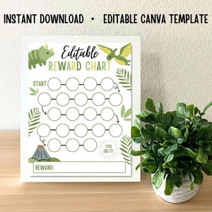 May include: Editable dinosaur reward chart printable. The chart features a green dinosaur, a green pterodactyl, and a green volcano. The chart has a path of circles to color in as a reward system. The text on the chart reads "Editable Reward Chart", "Start", "You Did It!" and "Reward:".