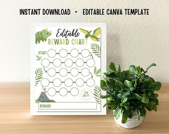 Editable Dinosaur Reward Chart for Kid Toddler Printable Daily Routine Schedule Potty Chore Sticker Chart Digital Download Canva Template