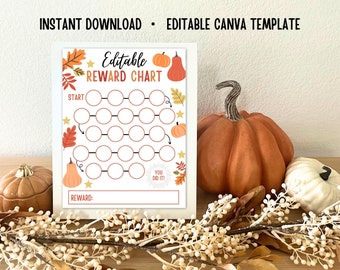 Editable Fall Reward Chart for Kid Toddler Autumn Printable Daily Routine Schedule Potty Chore Sticker Chart Thanksgiving Canva Template