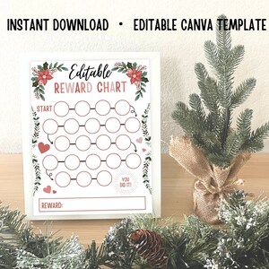 May include: Printable Christmas-themed reward chart with a red and green floral border. The chart features a path of circles with a start and finish. The text "Editable Reward Chart" is at the top of the chart. The text "You Did It!" is at the bottom of the chart. The text "Reward:" is at the bottom of the chart.