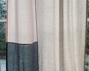 May include: Linen curtains in a neutral color palette. The curtains are divided into three vertical panels. The left panel is two-toned, with a light beige upper section and a dark teal lower section. The other panels are a light beige color.