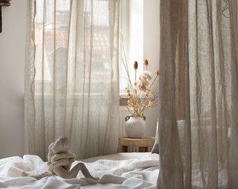 Dreamy Boho Sheer Linen Canopy Bed Curtain in Beige - King Size