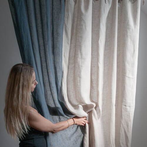 Tie Top Navy Blue Linen Curtain Panels Light Sheer Linen Etsy Canada