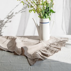 Burlap Table Runner Natural, Ruffled Table Runner In Rustic Style, Natural Linen Rustic Table Runner, Linen Table Decor, Cottage Linen Decor