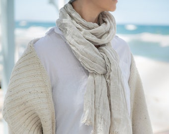 Oatmeal Long Linen Scarf, Long Linen Scarf Unisex in Oatmeal Color, Beige Scarf From Softend Linen, Gift for Her, Soft Linen Shawl