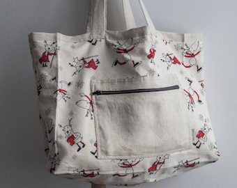 Christmas Tote Bag, Linen Tote Bag, Festive Holiday Bag to Shopping, Shoulder Shopping Bag, Xmas Linen Tote Bag