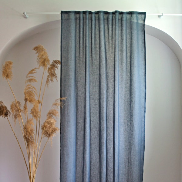 Sheer Linen Curtain in Navy Grey, Pencil Pleat Curtain Panel, Lightweight Linen Curtain, Custom Window Panel, Muslin Linen Window Drapes