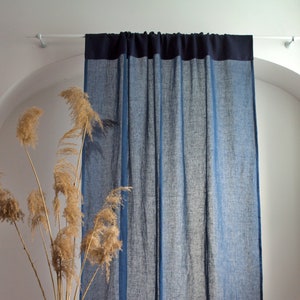 Linen Curtain in Navy Blue Color, Rod Pocket Sheer Linen Curtain for Living Room, Long Blue Linen Curtain Panel, Muslin Linen Curtain Panel