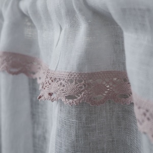 Linen Cafe Curtain With Lace on The Top, Sheer Linen Kitchen Curtains, White Linen Curtains, Rod Pocket Kitchen Curtains, Kitchen Valance