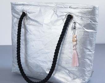 Light Silver Tyvek Zipper Tote Bag, Vegan Beach Bag