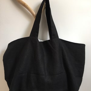 Black Linen Tote Bag, Tyvek Beach Bag, Big Burlap Beach Bag, Burlap Shopper Tote Bag, Linen Shoulder Bag In Black Linen and White Tyvek