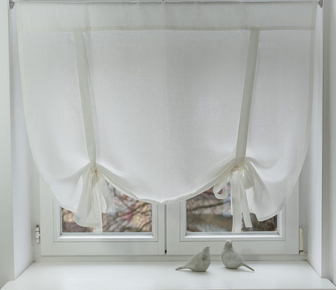 White Linen Tie-up Curtain: Country Cottage Balloon Shade With 