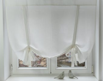 White Linen Tie-Up Curtain: Country Cottage Balloon Shade with Valance