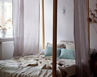 Canopy Bed Curtains, Grey Linen Bed Curtain Canopy, Sheer Canopy Curtain With Lights for Queen Size Canopy Bed, Canopy Bed Linen Scarf