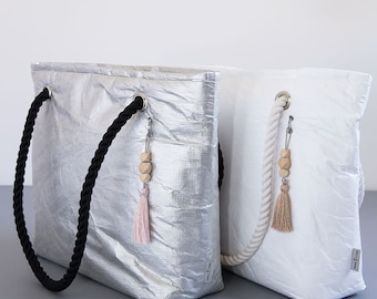 White Tyvek Zipper Tote Bag, Vegan Beach Bag