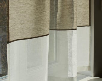 Beige Leinen Cafe Vorhang: Transparente Unterseite, Stangentasche Küchenvorhang