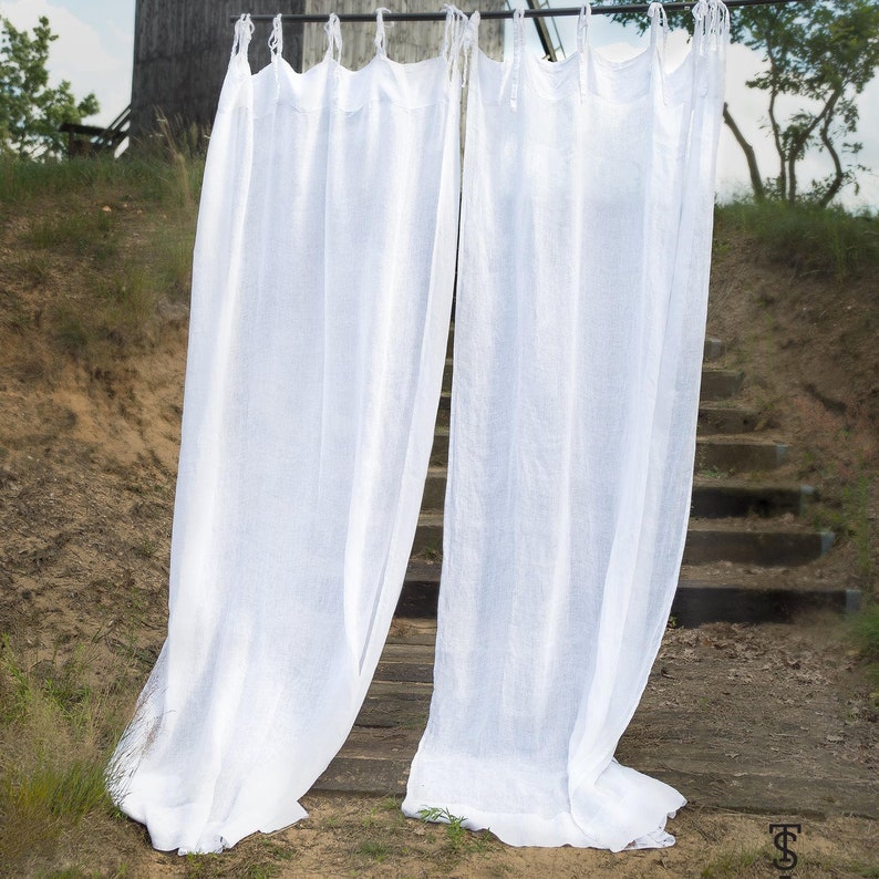White Linen Curtain Panels White Tie Top Curtains Boho Etsy