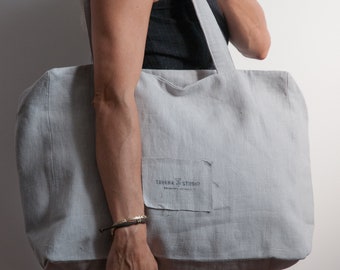 Light Gray Linen Tote Bag, Large Zippered Shoulder Bag