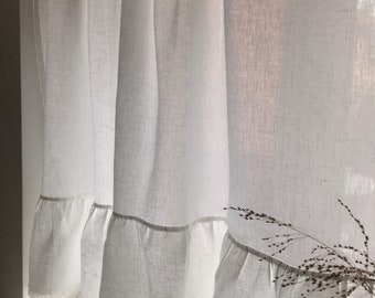 White Linen Cafe Curtain, Farmhouse Curtains for Sink, White Linen Ruffle Cafe Curtains, Cafe Curtains in Country Cottage Style,