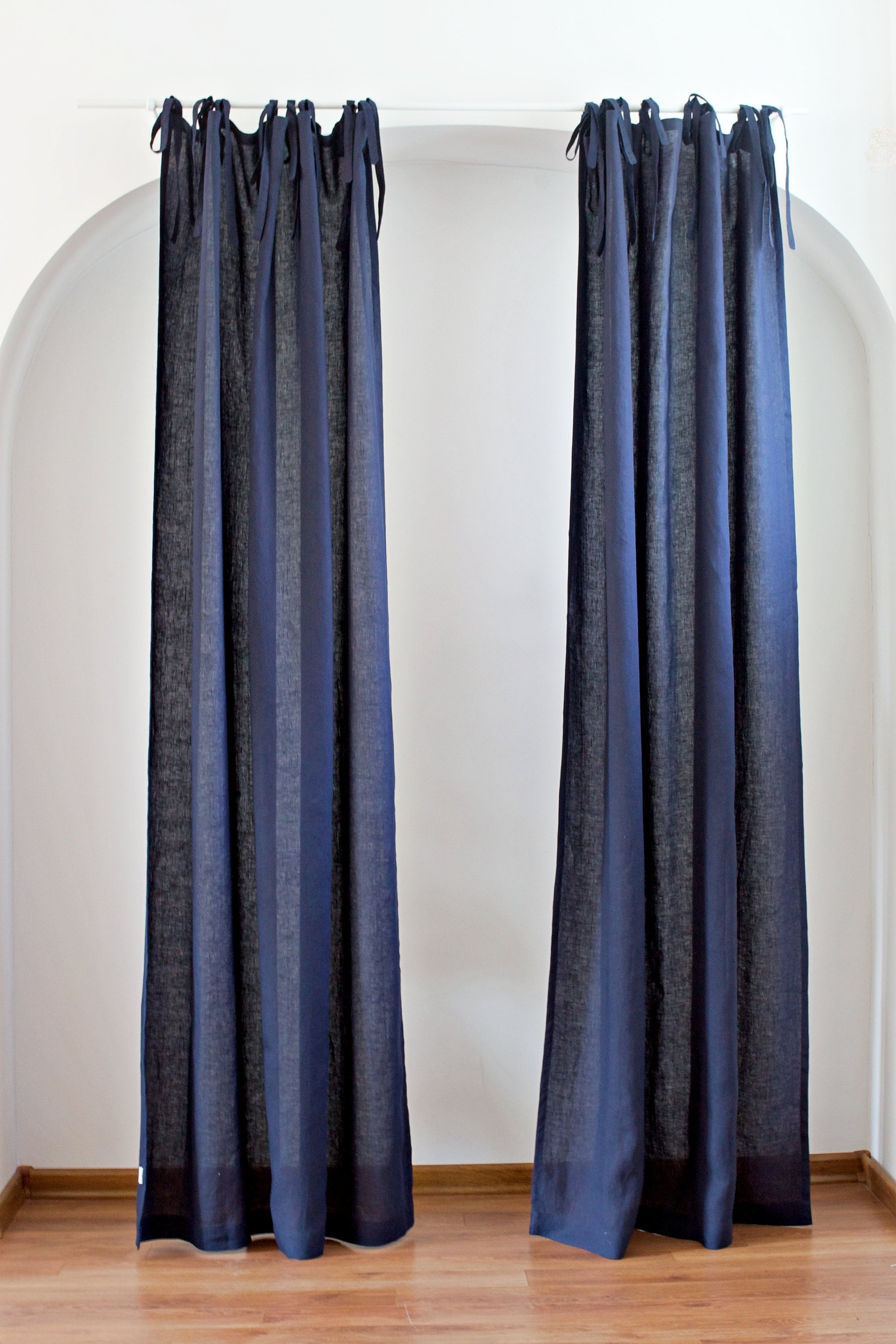 Navy Blue Linen Curtain Tie Top Linen Curtain Panel Navy Etsy