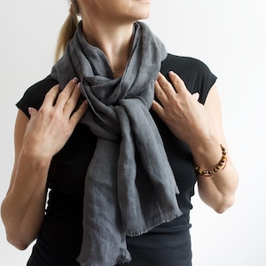 Blue Linen Long Scarf for Woman, Linen Gauze Scarf, Delicate Shawl with Sheer Linen in Black Color, Soft Linen Scarf, Linen Travel Scarf