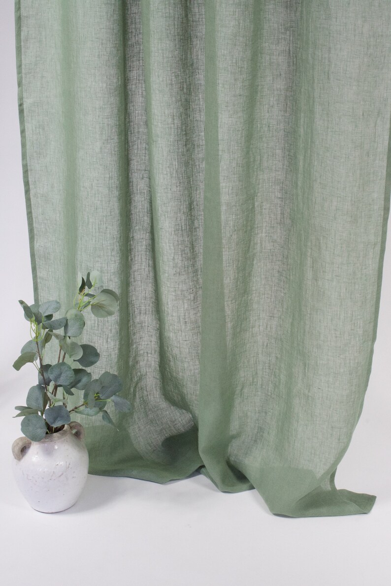 Green Linen Curtain in simple Style, Sheer Linen Curtain in Green Color, Linen Curtain Panel, Rod Pocket Linen Panel, Clips Linen Drapes image 7