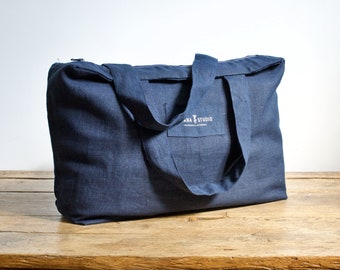 Navy Linen Tote Bag, Zippered Beach Shopper, Roomy