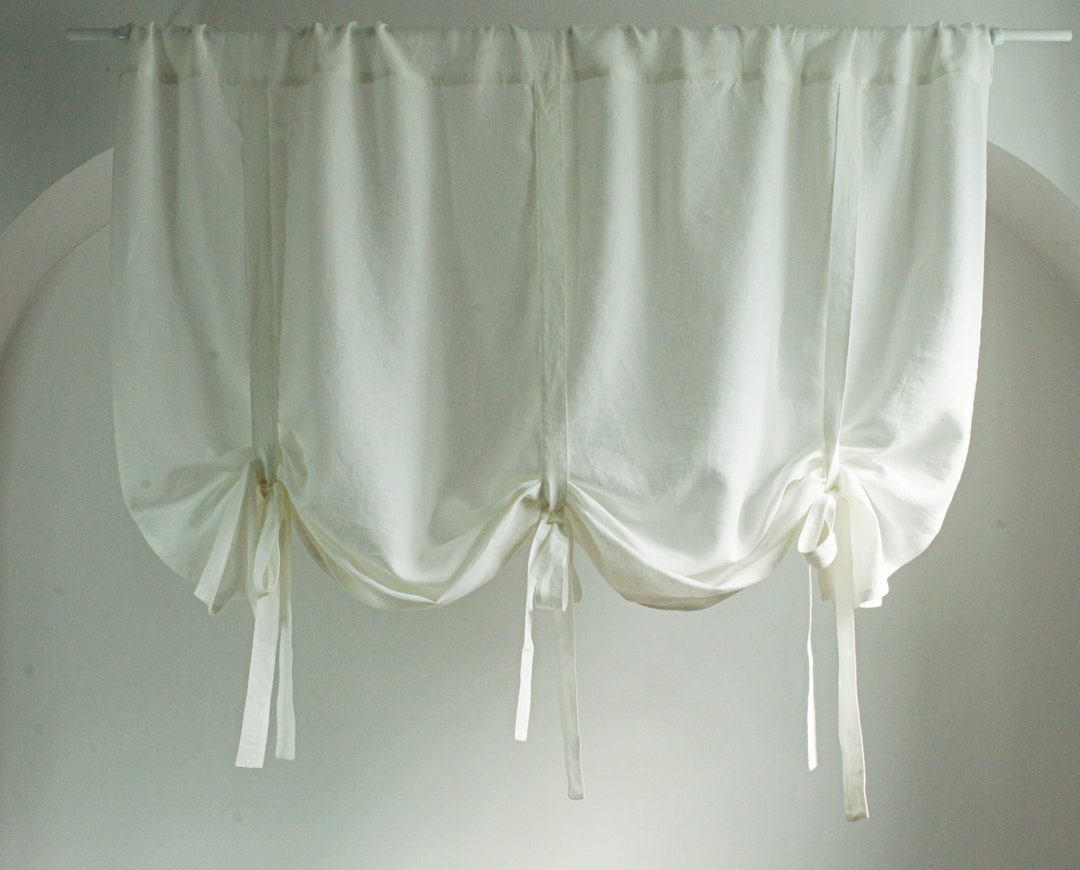 White Linen Tie up Curtain With Valance Curtain, Tie up Balloon Shade