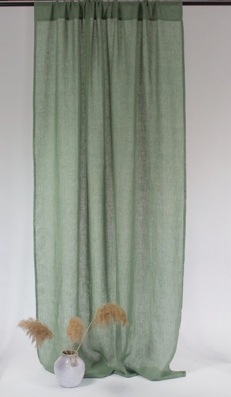 Green Linen Curtain in simple Style, Sheer Linen Curtain in Green Color, Linen Curtain Panel, Rod Pocket Linen Panel, Clips Linen Drapes image 3