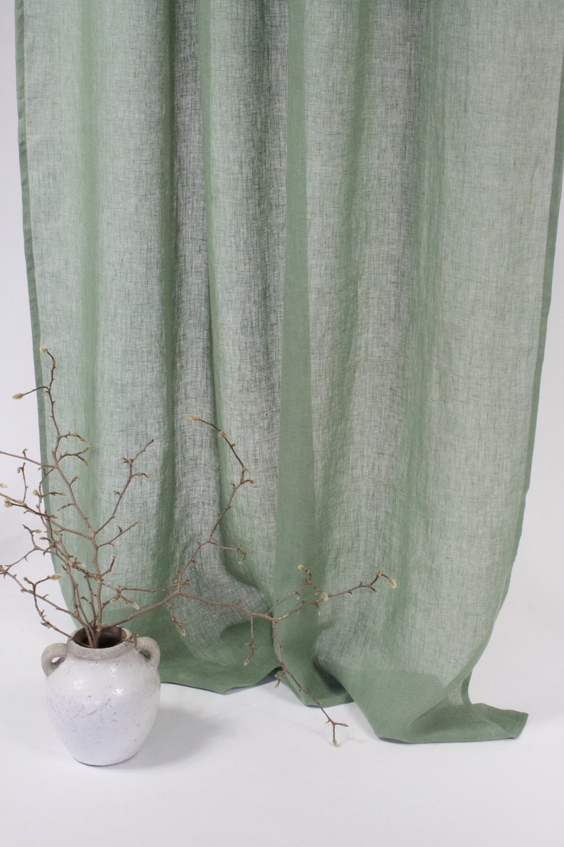 Green Linen Curtain in simple Style, Sheer Linen Curtain in Green Color, Linen Curtain Panel, Rod Pocket Linen Panel, Clips Linen Drapes image 4