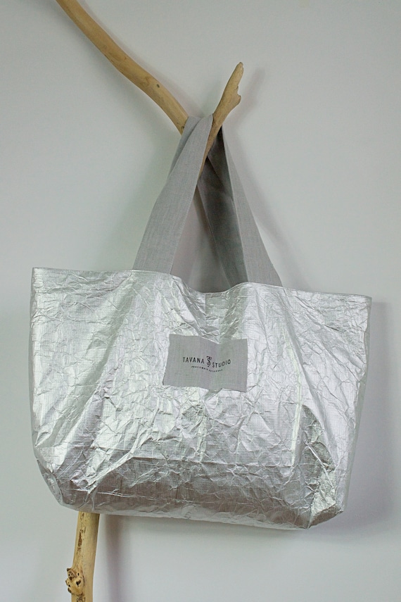 Oversized Linen Tote Bag: Silver Tyvek Beach Bag - Etsy