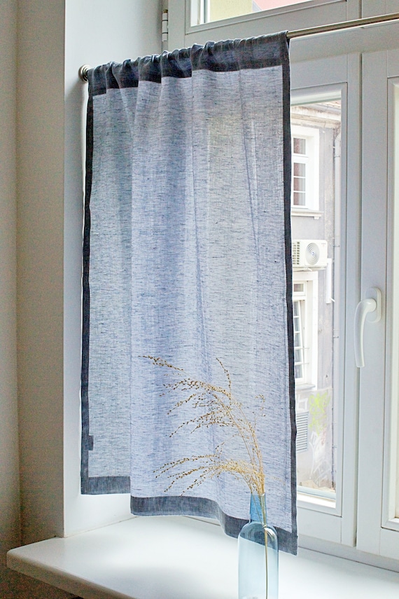 Blue Linen Cafe Curtain: Rod Pocket Kitchen Valance - 27" Wide