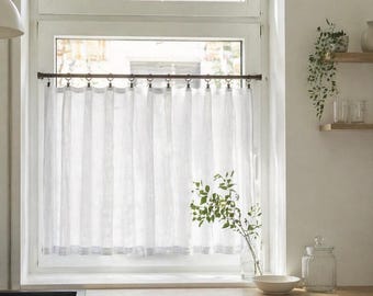 White Sheer Linen Cafe Curtains, Farmhouse Style