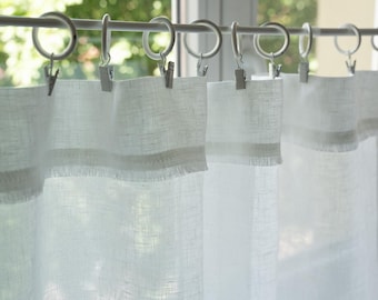 White Linen Cafe Curtain, Custom Burlap Trim, Kitchen Window Curtain