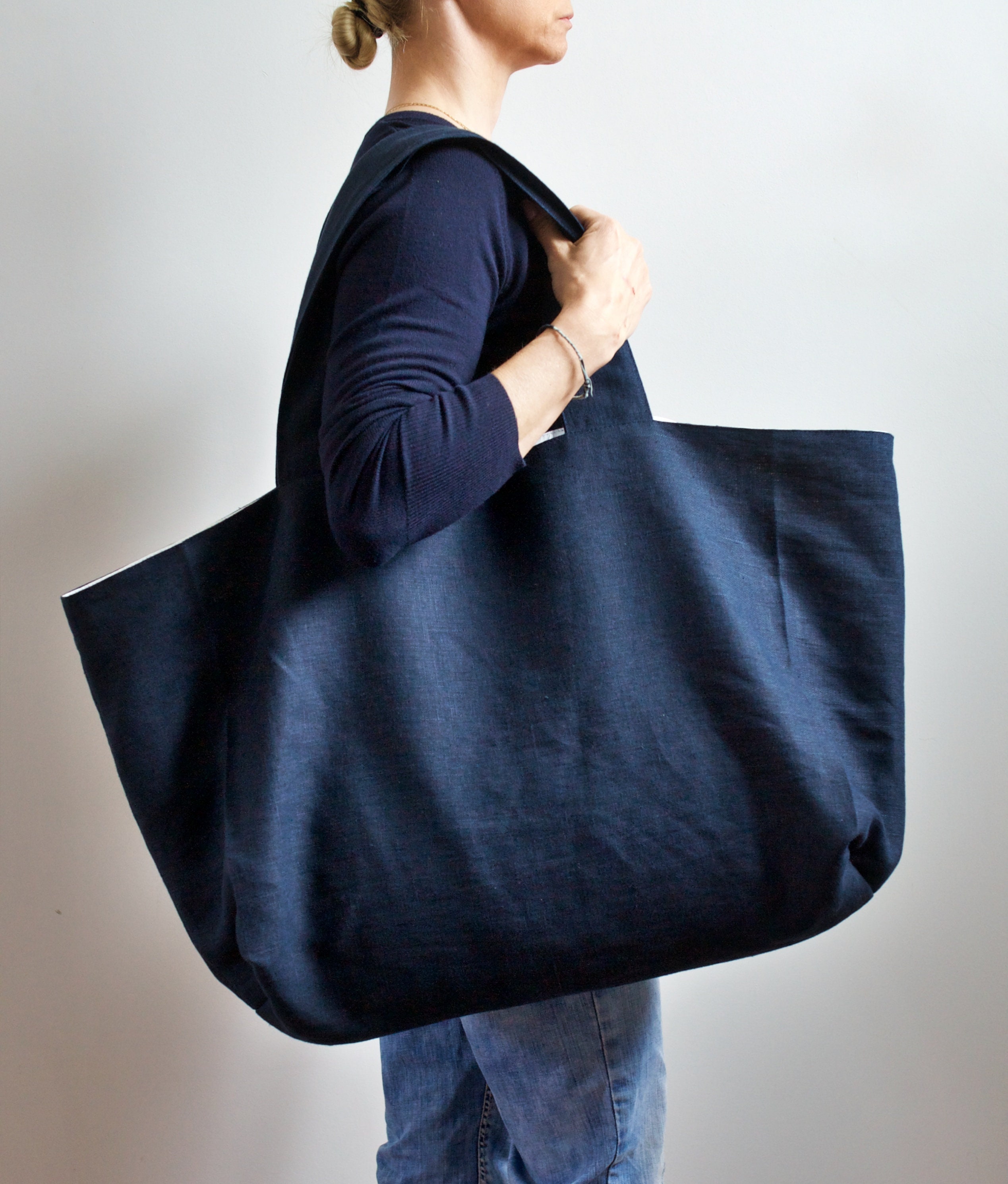 Navy Linen Tote Bag Large Linen Shoulder Bag Tyvek Tote | Etsy