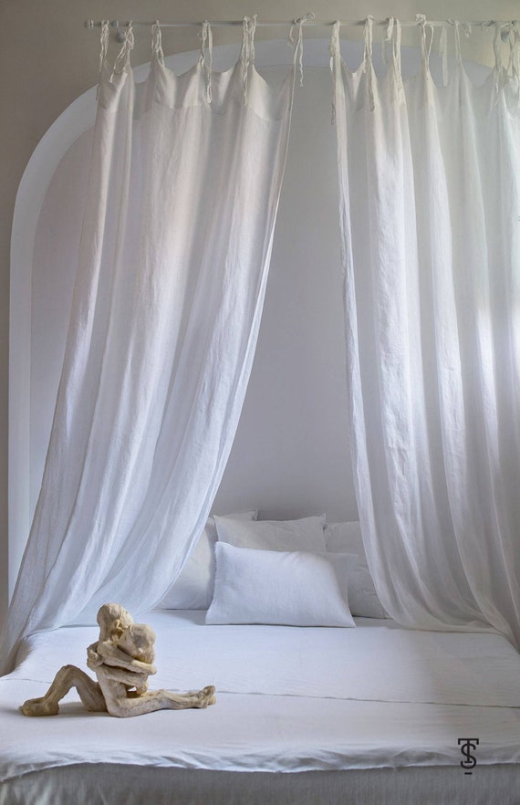 Ivory Linen Canopy Bed Tie Top Curtain Ivory Linen Canopy Bed Tie Top, Canopy Bed Curtains With Ties