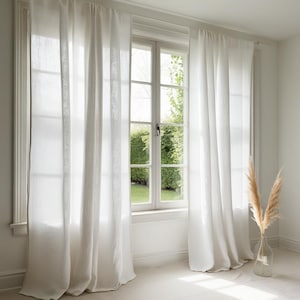 White Linen Curtain, Rod Pocket Linen Curtain Panel, Semi Sheer Linen Window Panel, Living Room Curtains, Pure White Linen  Custom Curtain