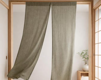 Green Linen Noren Curtain, Oriental Room Divider, Doorway Panel