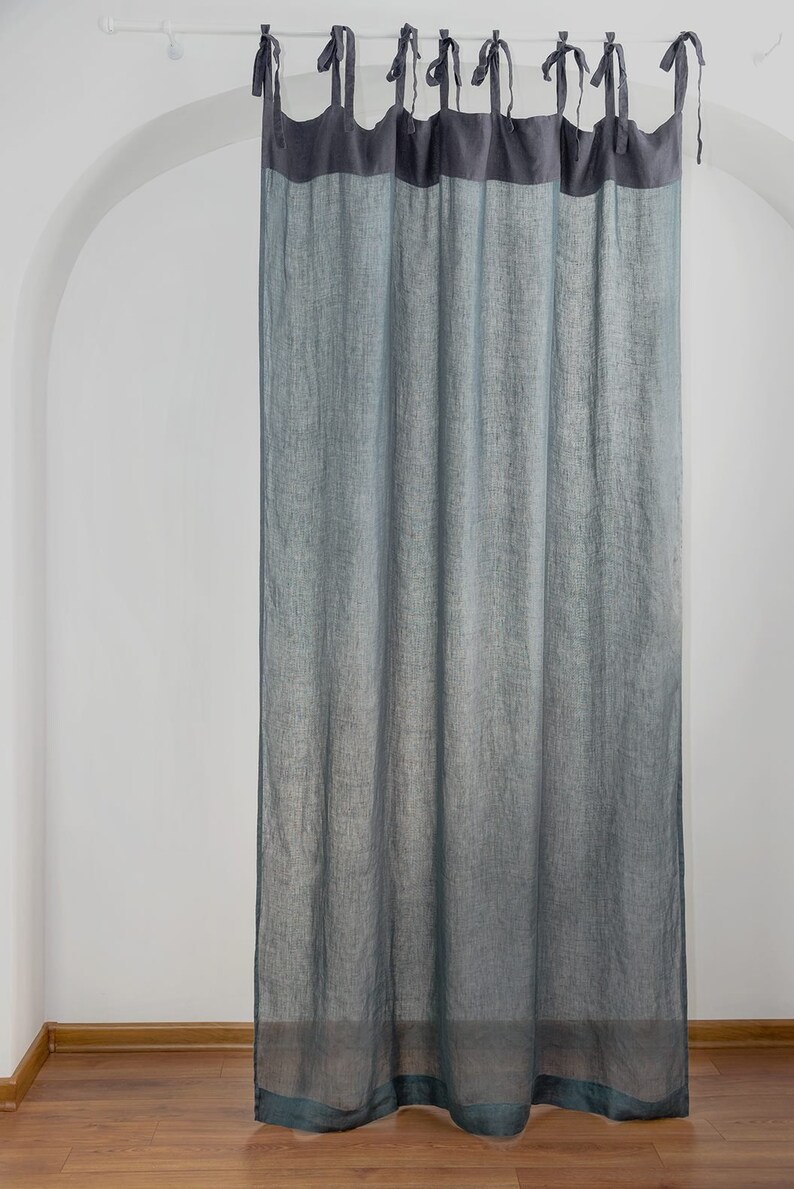 Tie Top Navy Blue Linen Curtain Panels Light Sheer Linen Etsy