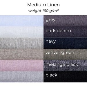 May include: A color chart of medium linen fabric swatches. The swatches display a range of colors, including pure white, ivory, oatmeal, natural, pink, light grey, grey, dark denim, navy, vetiver green, melange black, and black. The text indicates the fabric weight is 160 g/m&sup2;.