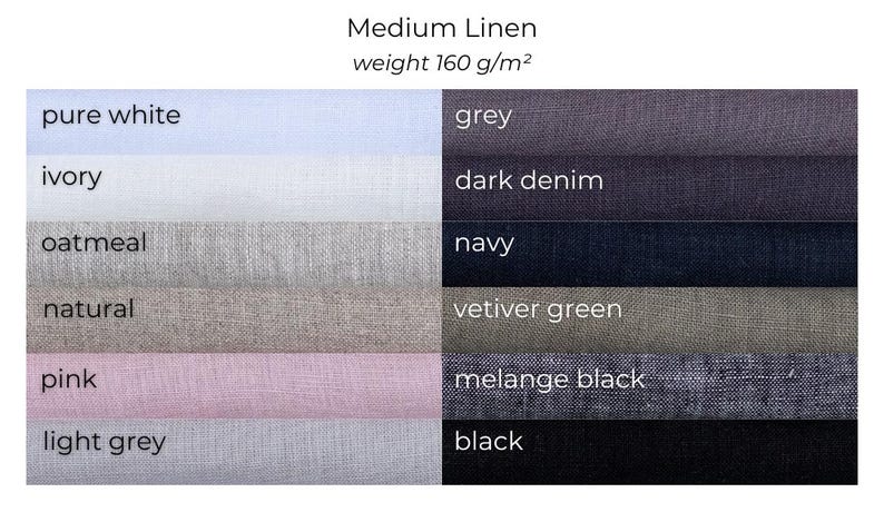May include: A color chart of medium linen fabric swatches. The swatches display a range of colors, including pure white, ivory, oatmeal, natural, pink, light grey, grey, dark denim, navy, vetiver green, melange black, and black. The text indicates the fabric weight is 160 g/m&sup2;.