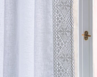 Rideaux de lin blanc avec dentelle, rideaux en lin personnalisés dans un style rustique, rideaux en lin chic minables, panneau de fenêtre en lin dans un style rustique