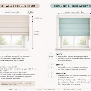 May include: Diagram illustrating Roman blind installation options: wall/ceiling mount and inside window recess mount. Includes measurements in inches and centimeters for width and length, with text instructions. Decorative vases and plants are shown.