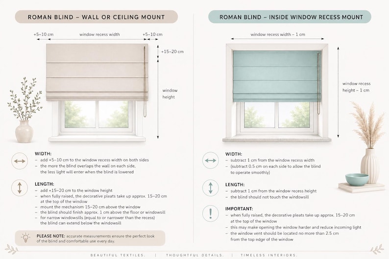 May include: Diagram illustrating Roman blind installation options: wall/ceiling mount and inside window recess mount. Includes measurements in inches and centimeters for width and length, with text instructions. Decorative vases and plants are shown.