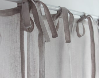 Sheer Linen Cafe Curtain in Light Grey Color, Linen Cafe Curtain in Rustic Style, Tie Top Burlap Kitchen Curtain, Burlap Farmhouse Valance