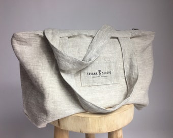 Canvas Tote Bag With Zipper, Beige Linen Tote Bag, Linen Oatmeal Beach Bag With Zipper, Zipper Tote Bag, Large Shoulder Bag, Tyvek Bag